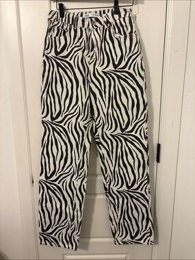 Zara Black and White Zebra-Print Straight-Leg Jeans
